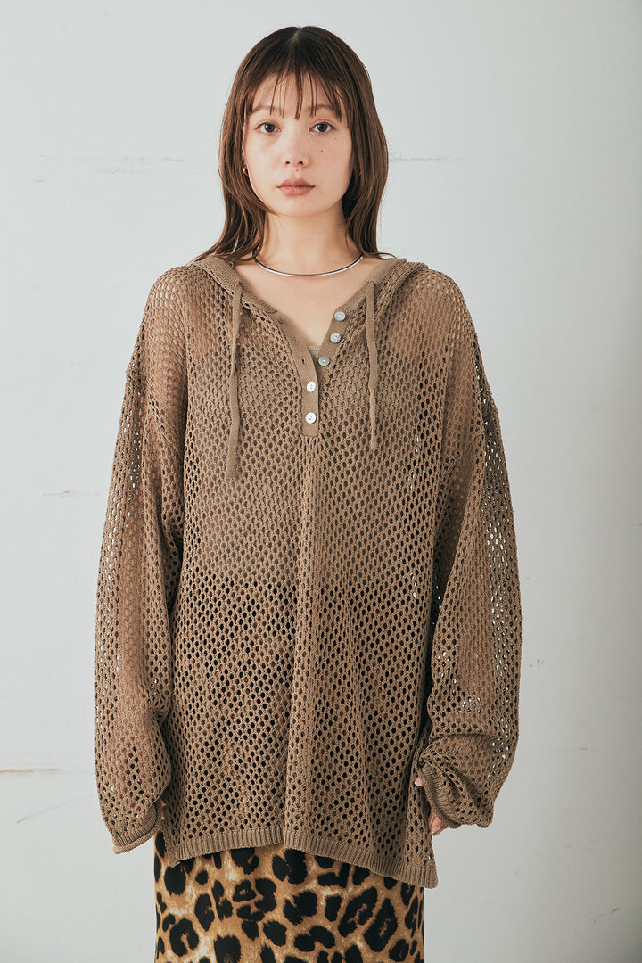 メッシュ編みフーディープルオーバー