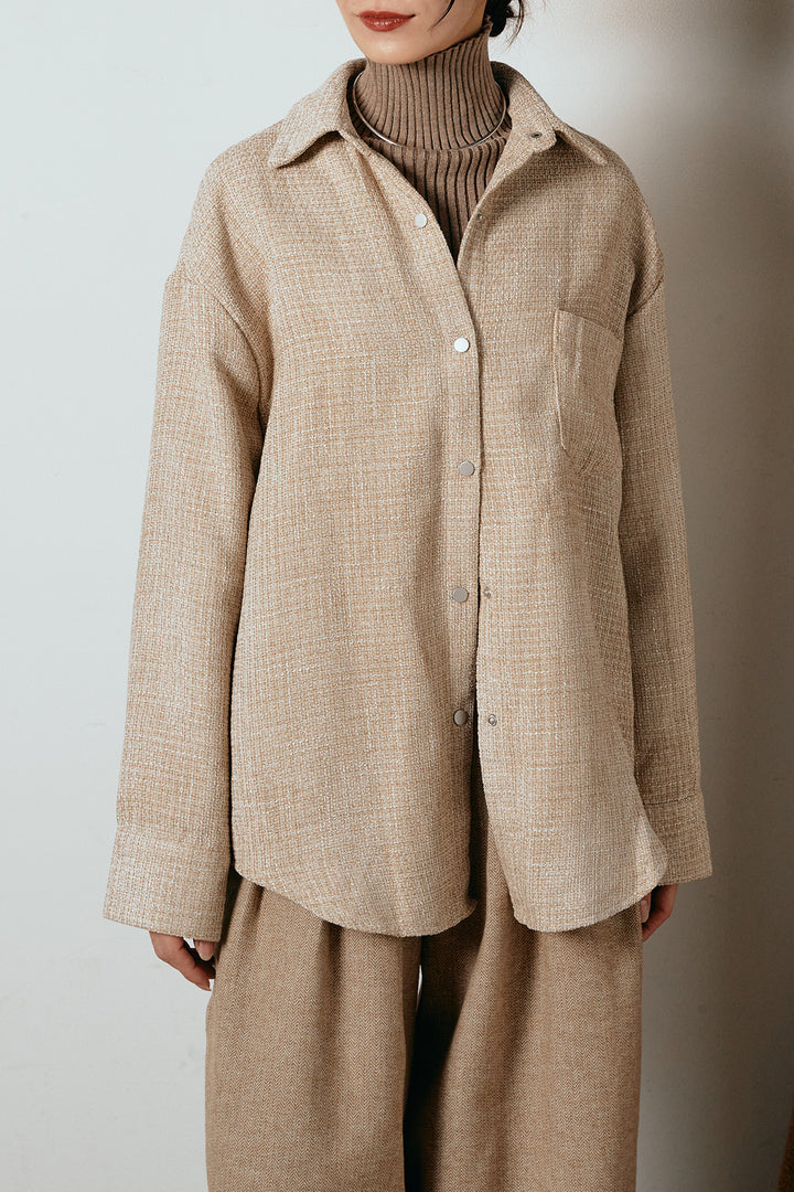 [SET]ルーズクラッシュツイルシャツ+リブニットシームレスタートルプルオーバー+サイドボタンツイードタックパンツ(3set)