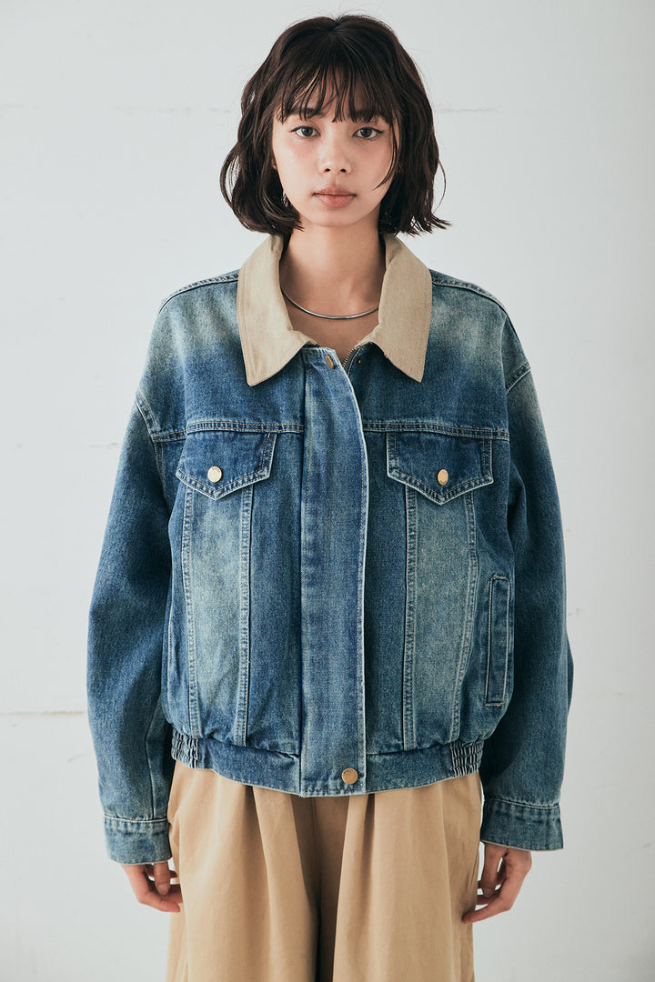 [SET]襟切り替えジップデニムジャケット+綿ツイルアシメサロペット(2set)