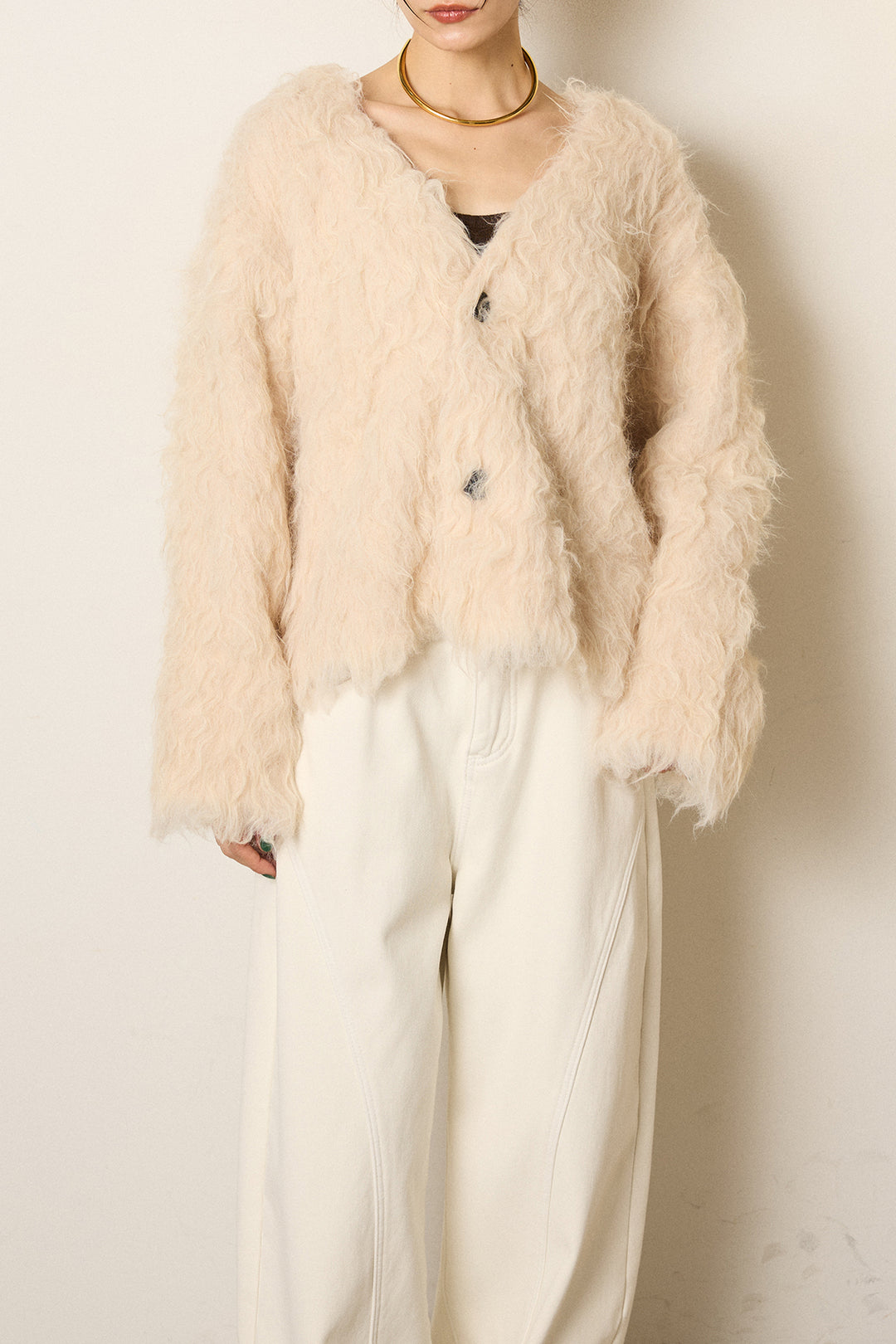 [SET]起毛シャギーニットカーディガン+センターラインニットパンツ+レース切り替えキャミソール(3set)