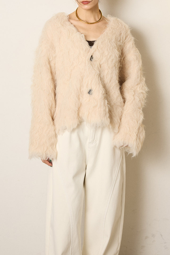 [SET]起毛シャギーニットカーディガン+センターラインニットパンツ+レース切り替えキャミソール(3set)