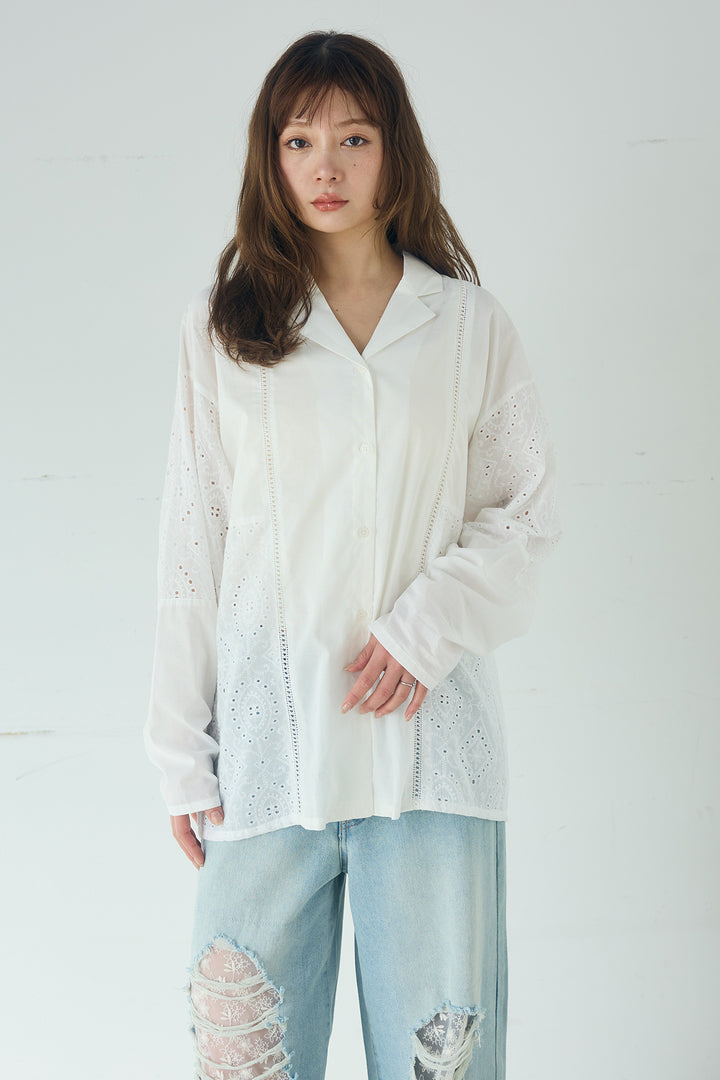 [SET]ローンレースオープンカラーシャツ+デニムレース付きワイドパンツ(2set)