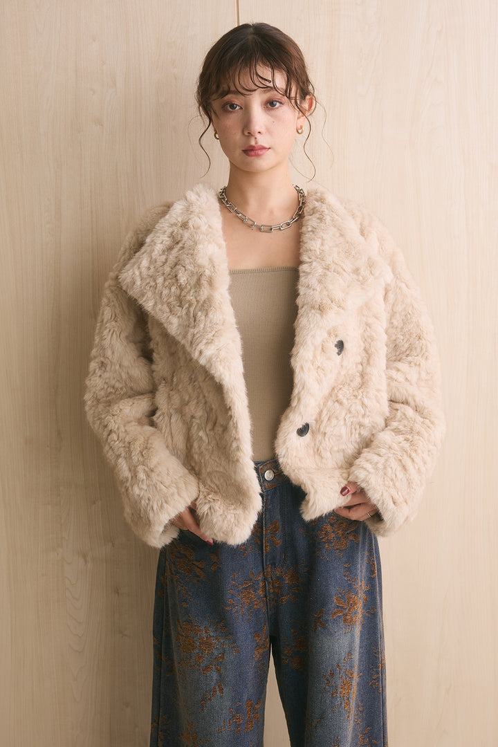 ノーカラーエコファーショートコート