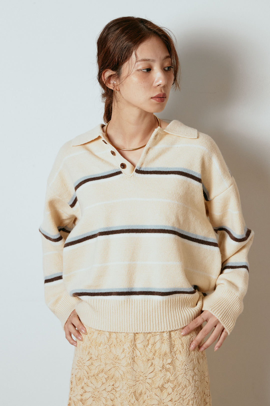 [SET]襟付きマルチボーダーニットポロトップス+ウエストステッチデザインワイドスラックス(2set)