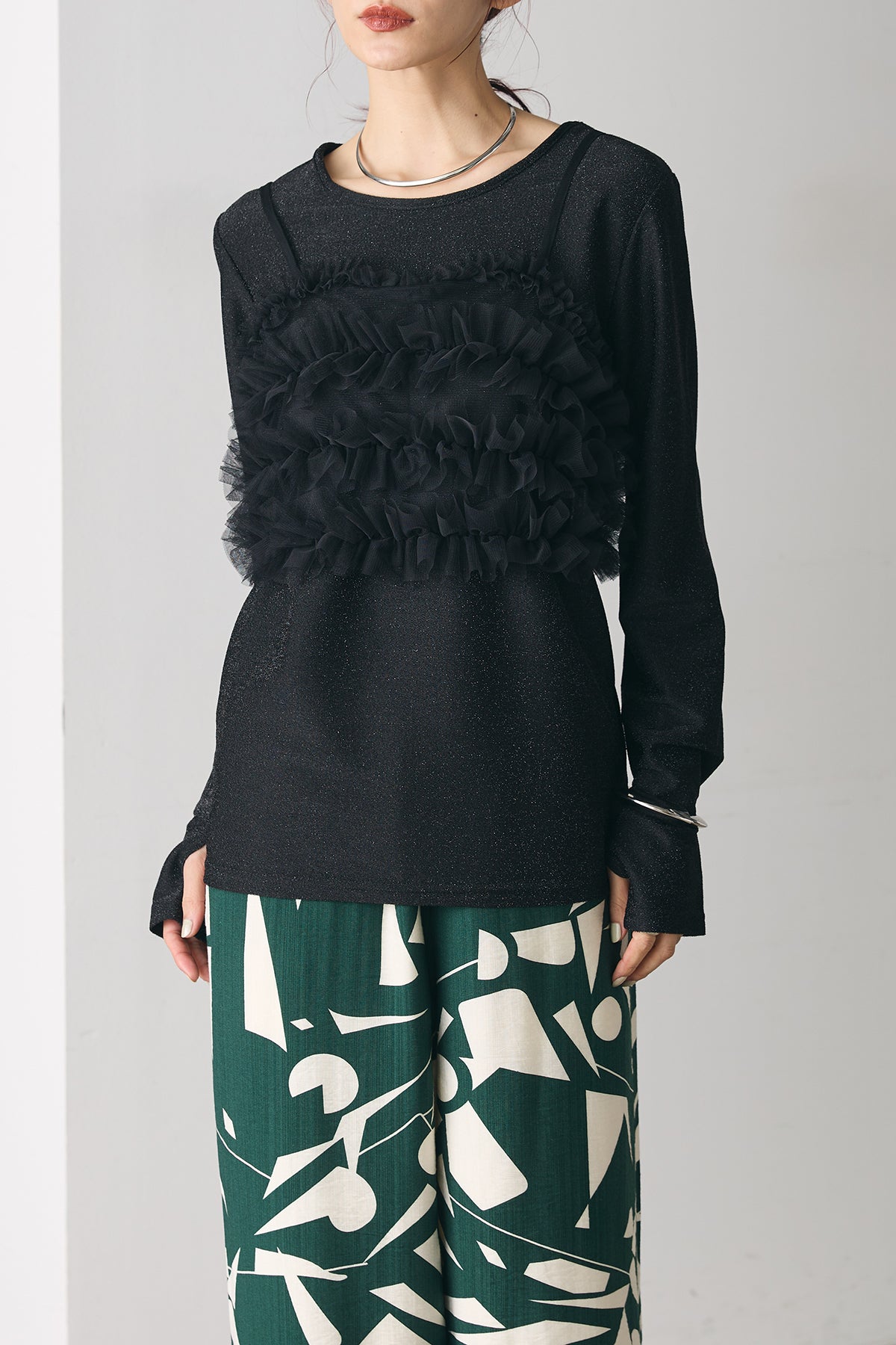 SET]マルチWAYチュールビスチェ付きラメトップス+リネンタッチキカ柄