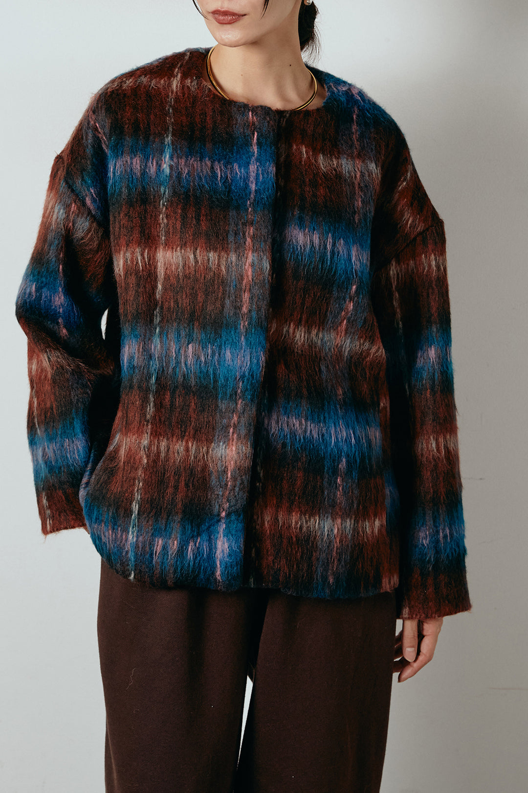 [SET]ノーカラーシャギーチェックアウター+裏起毛スウェットワイドパンツ(2set)