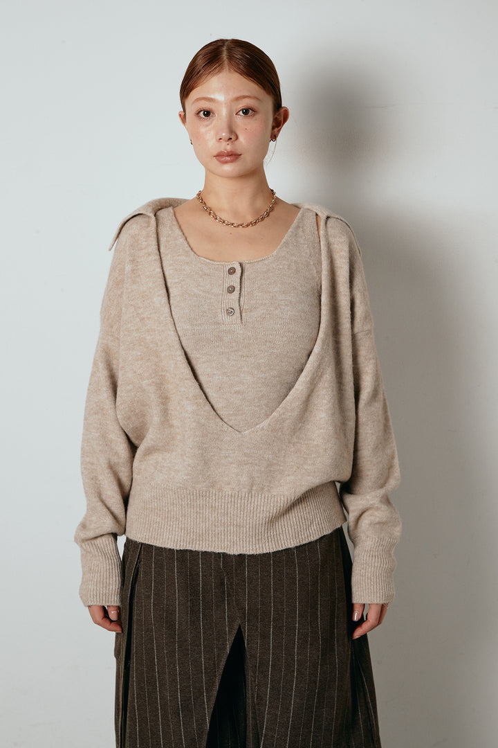 [SET]襟付きレイヤードニットトップス+細ストライプレイヤードデザインパンツ(2set)