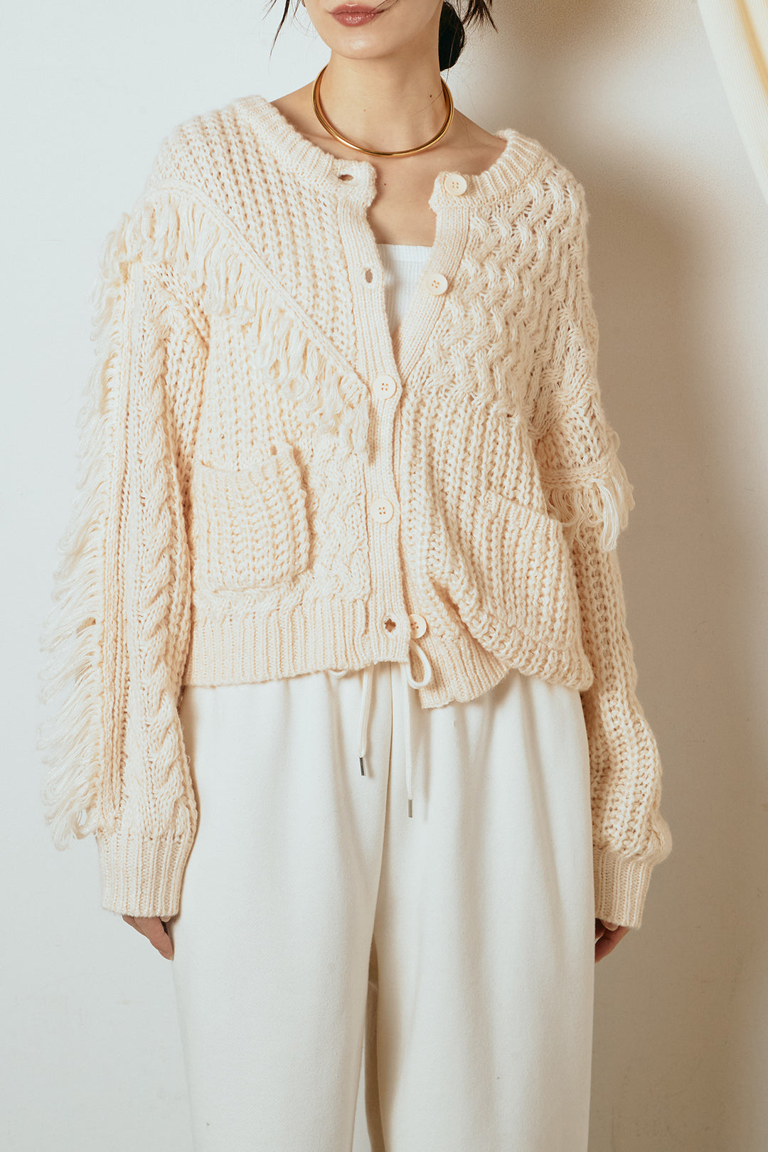 [SET]ランダムフリンジニットカーディガン+リラックスレオパード柄ワイドパンツ(2set)