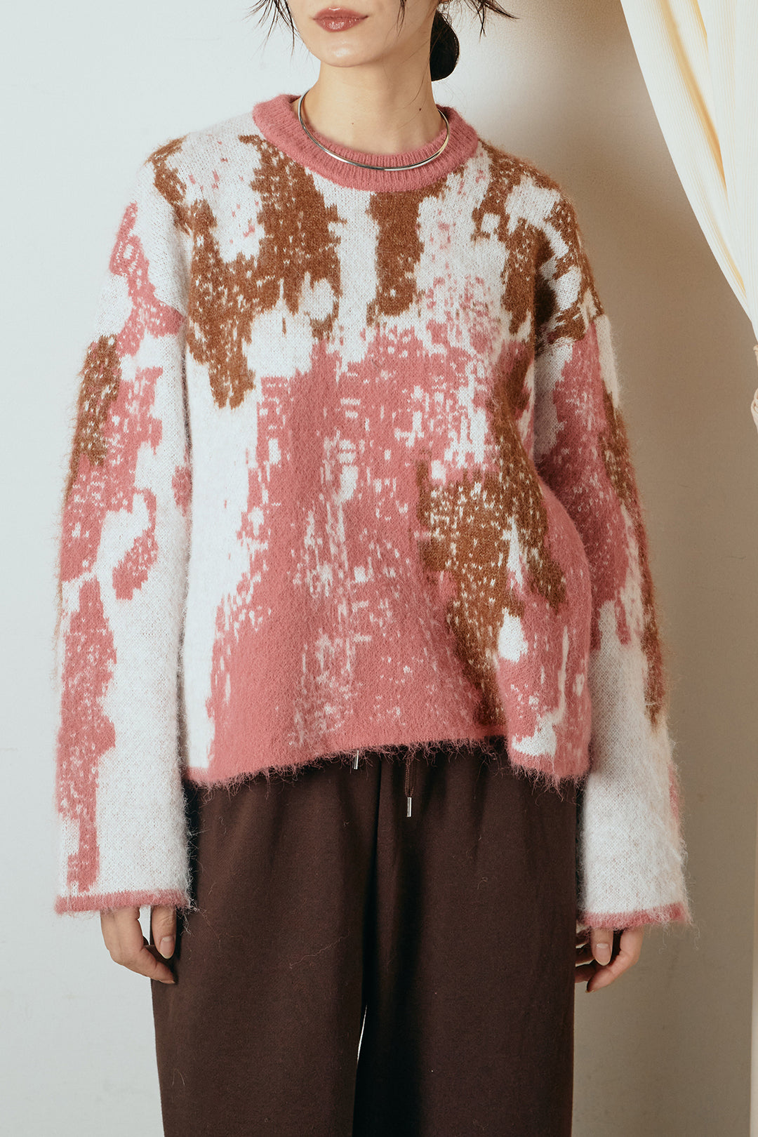 [SET]起毛ニュアンス柄ニットプルオーバー+裏起毛スウェットワイドパンツ(2set)