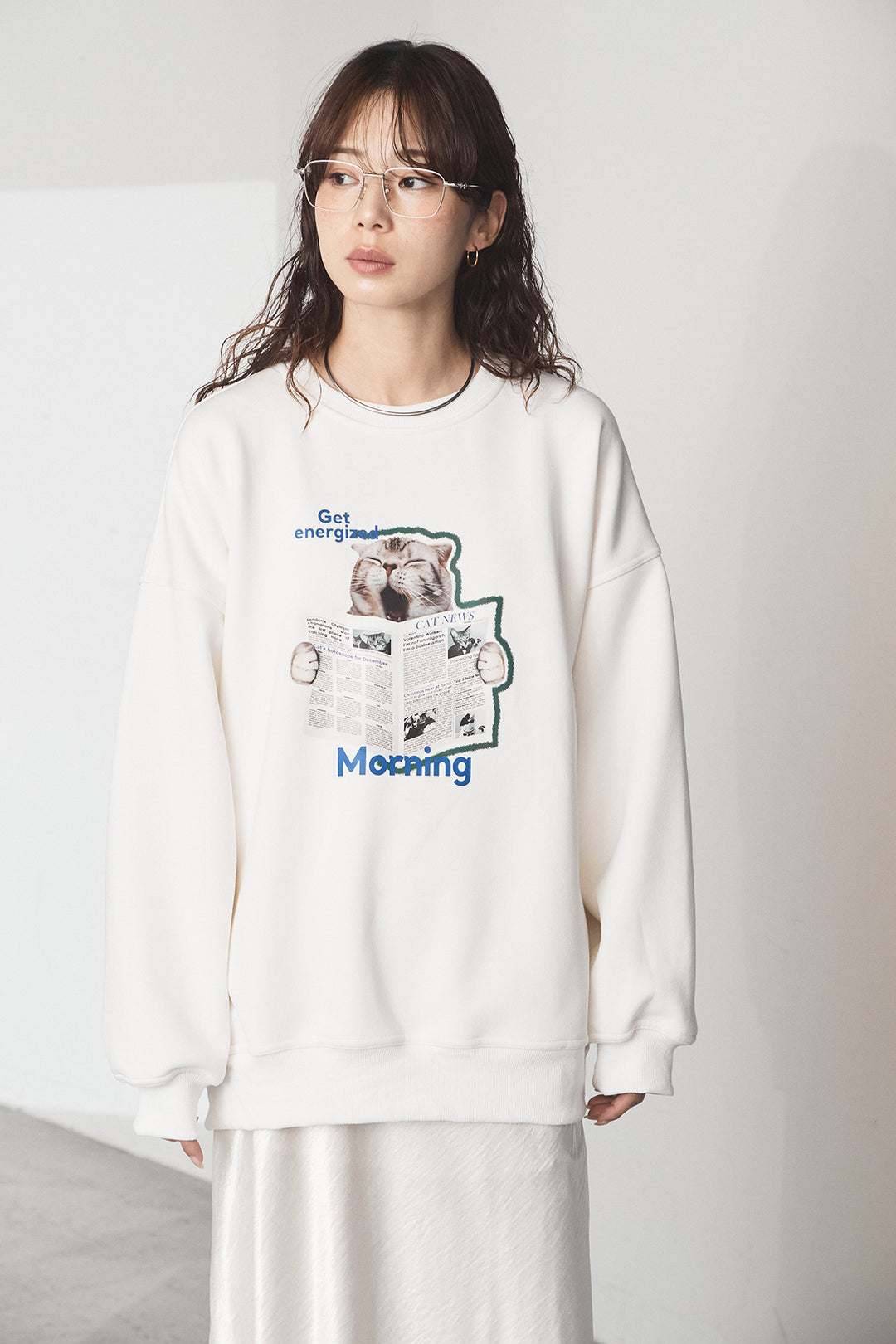 [SET]裏起毛モーニングキャットプリントスウェット+裾レースデザインサテンスカート(2set)