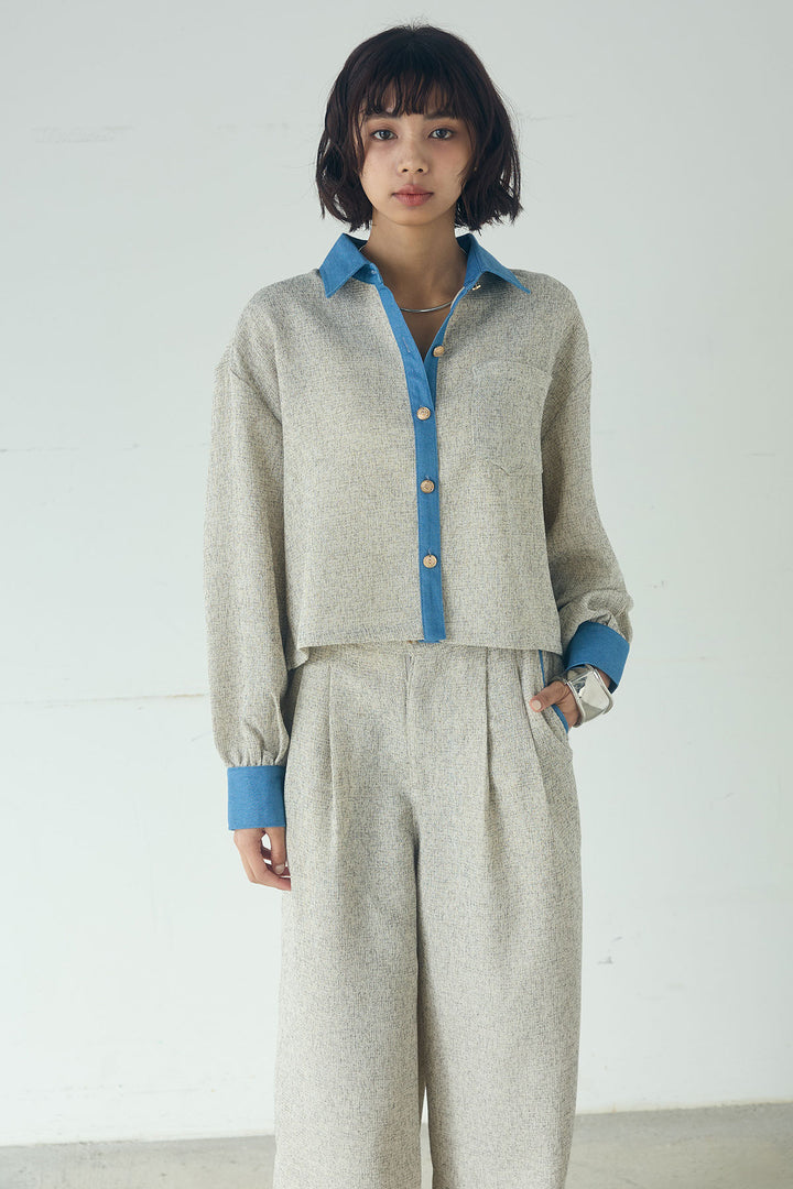 [SET]ツイード×デニムショート丈シャツ+ツイード×デニムハイウエストラインロングパンツ(2set)