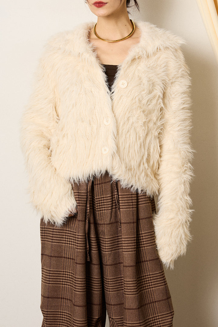 [SET]襟付きシャギーニットカーディガン+グレンチェックルーズタックパンツ(2set)