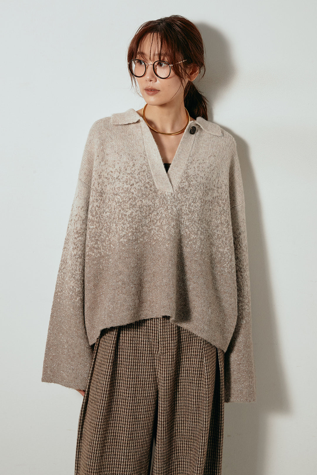 [SET]グラデーションラメニットキーネックプルオーバー+フェイクレザーベルト付き切り替えタータンチェックスカート(2set)