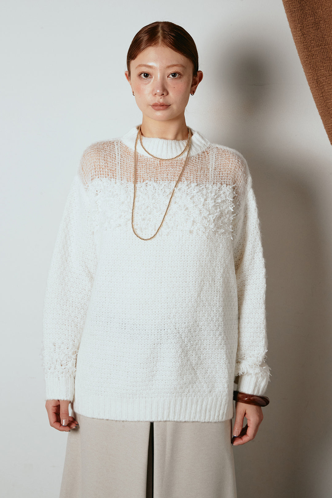 [SET]パターンランダム編みニットトップス+ベルト付きフロントタックデザインパンツ(2set)