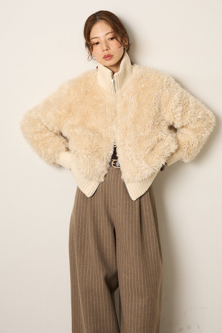 [SET]ハイネックボアブルゾン+フェイクレザー太ベルト付きタックワイドパンツ(2set)