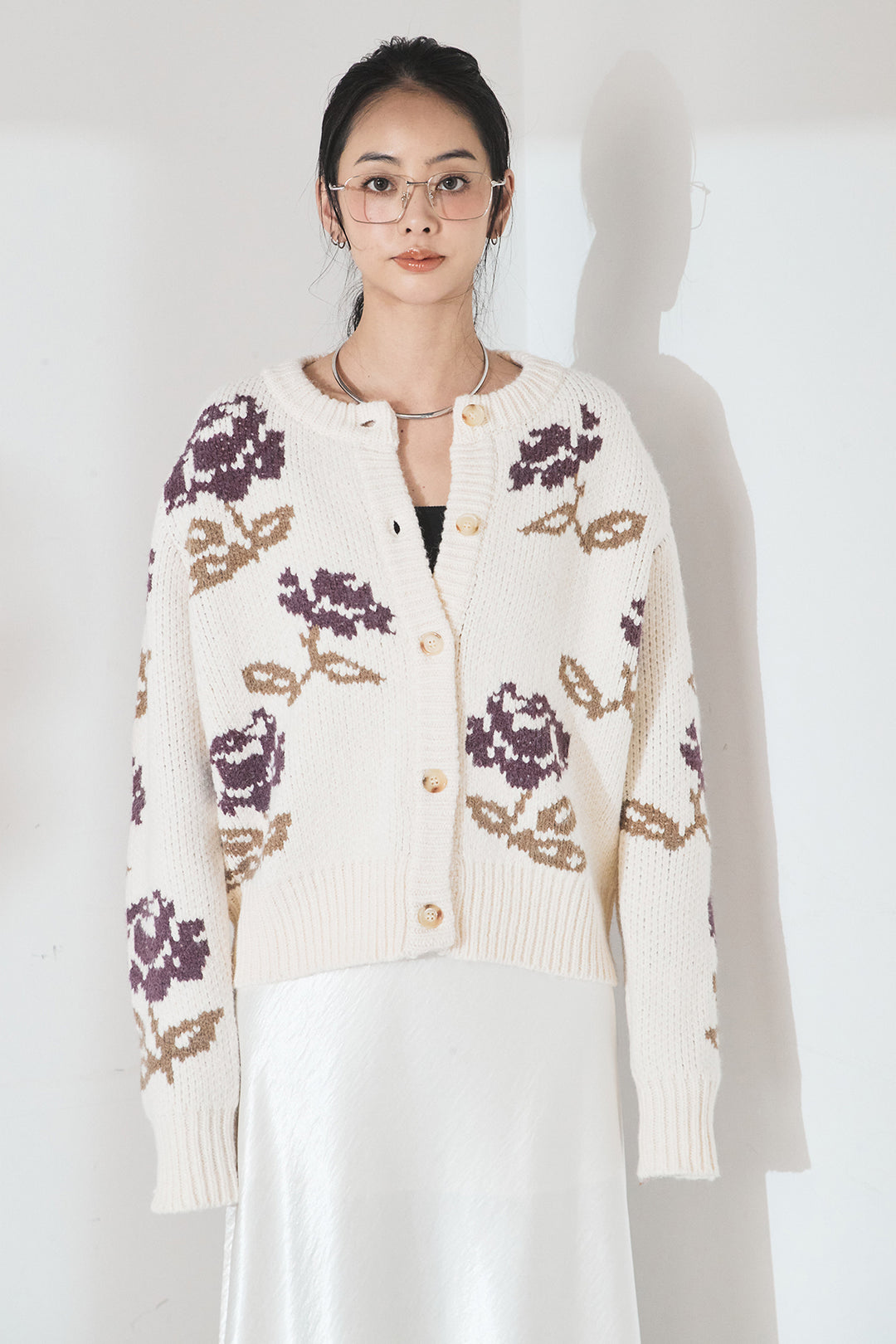 [SET]花柄ジャガードニットカーディガン+ウールタッチカーブワイドパンツ(2set)