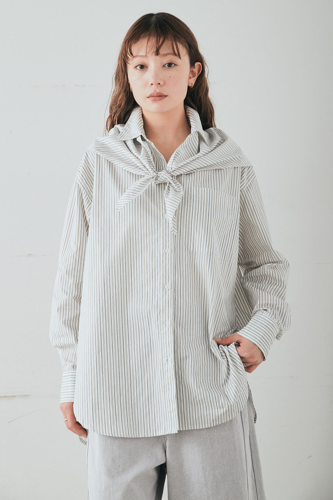 [SET]ランダムストライプスカーフ付きシャツ+デニムサイドフリルパンツ(2set)