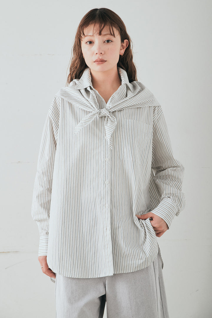 [SET]ランダムストライプスカーフ付きシャツ+デニムサイドフリルパンツ(2set)