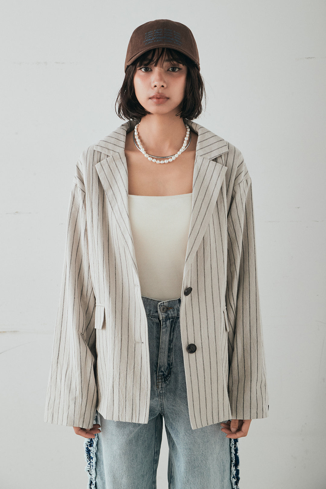 [SET]リネンライクストライプテーラードジャケット+リネンライクストライプタックイージーパンツ+サテンレースアシメキャミ(3set)