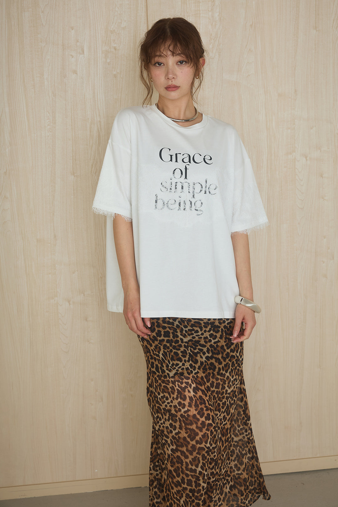 [SET]レースロゴプリントTシャツ+レオパード柄スカート(2set)