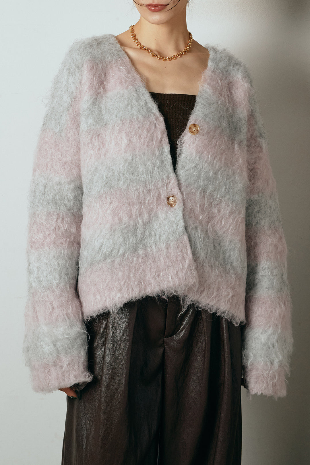 [SET]シャギーボーダー柄ニットカーディガン+デニムロングフレアスカート(2set)