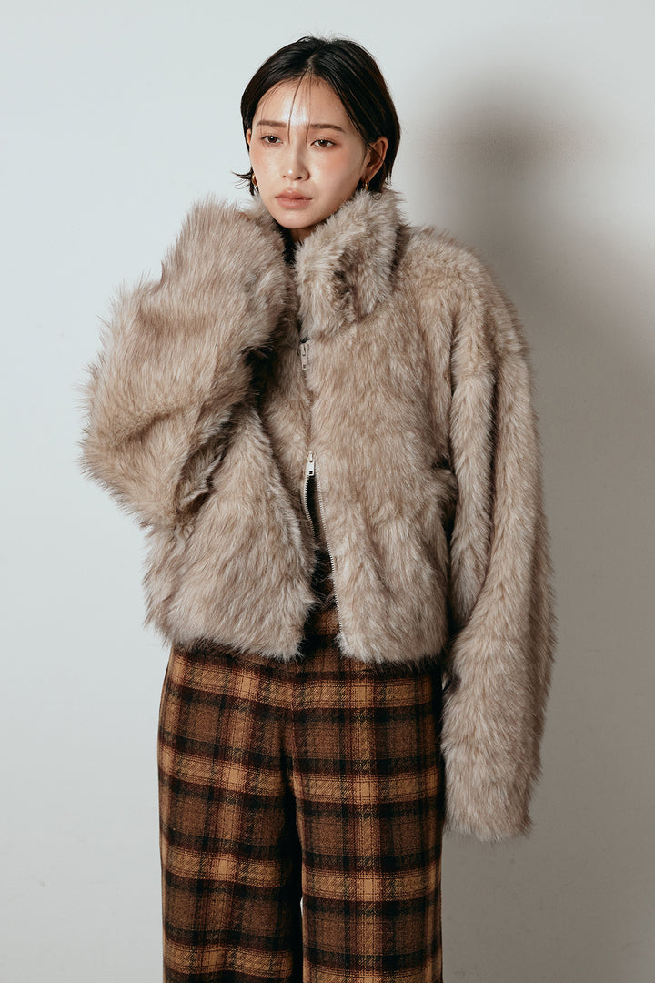 [SET]エコファーショート丈ブルゾン+加工デニムタックコクーンワイドパンツ(2set)