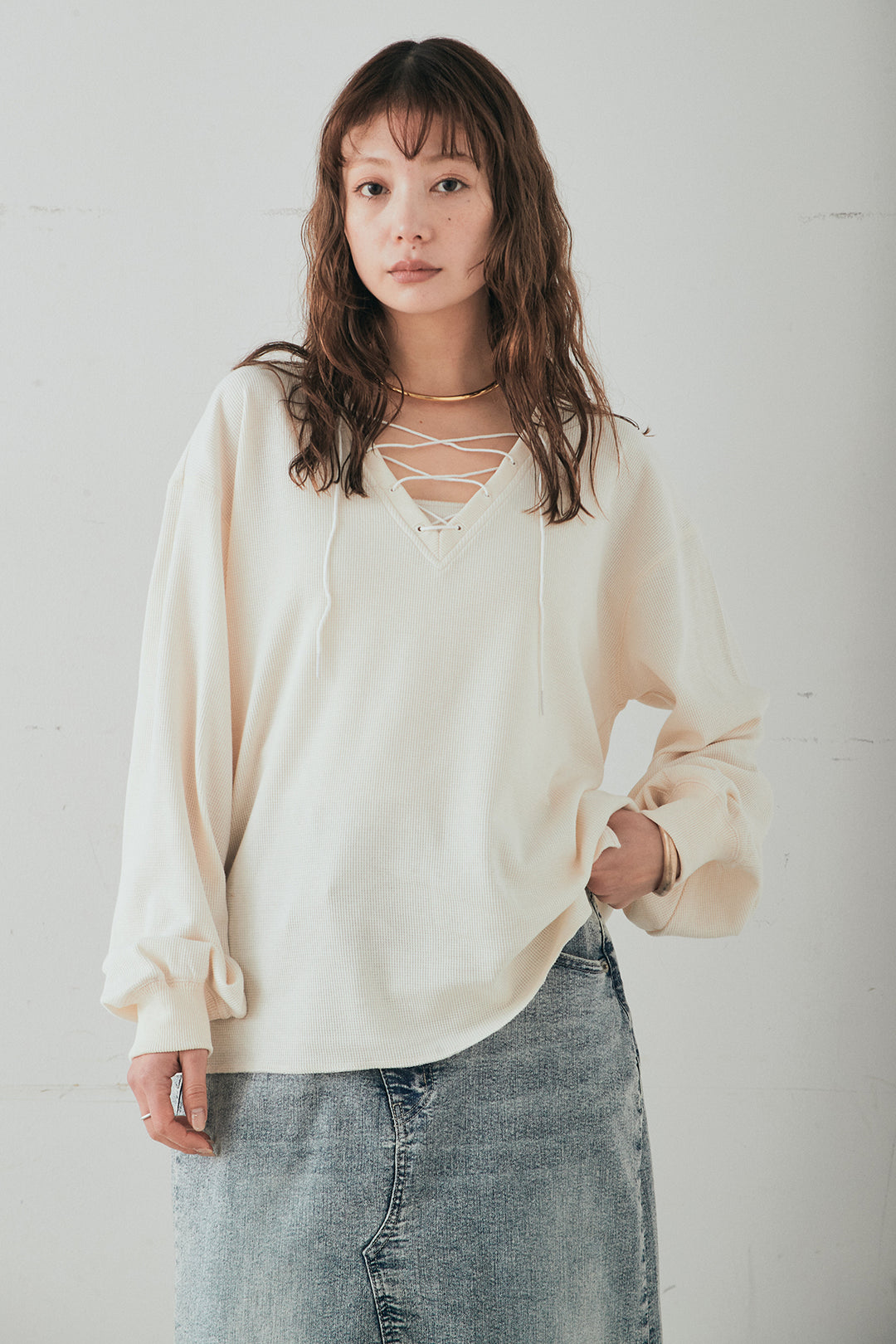 [SET]レースアップワッフルボーダートップス+ウエストクロスデニムタイトスカート(2set)