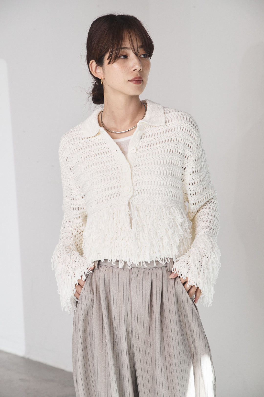 [SET]メッシュフリンジカーディガン+ヘリンボーンストライプツータックパンツ(2set)