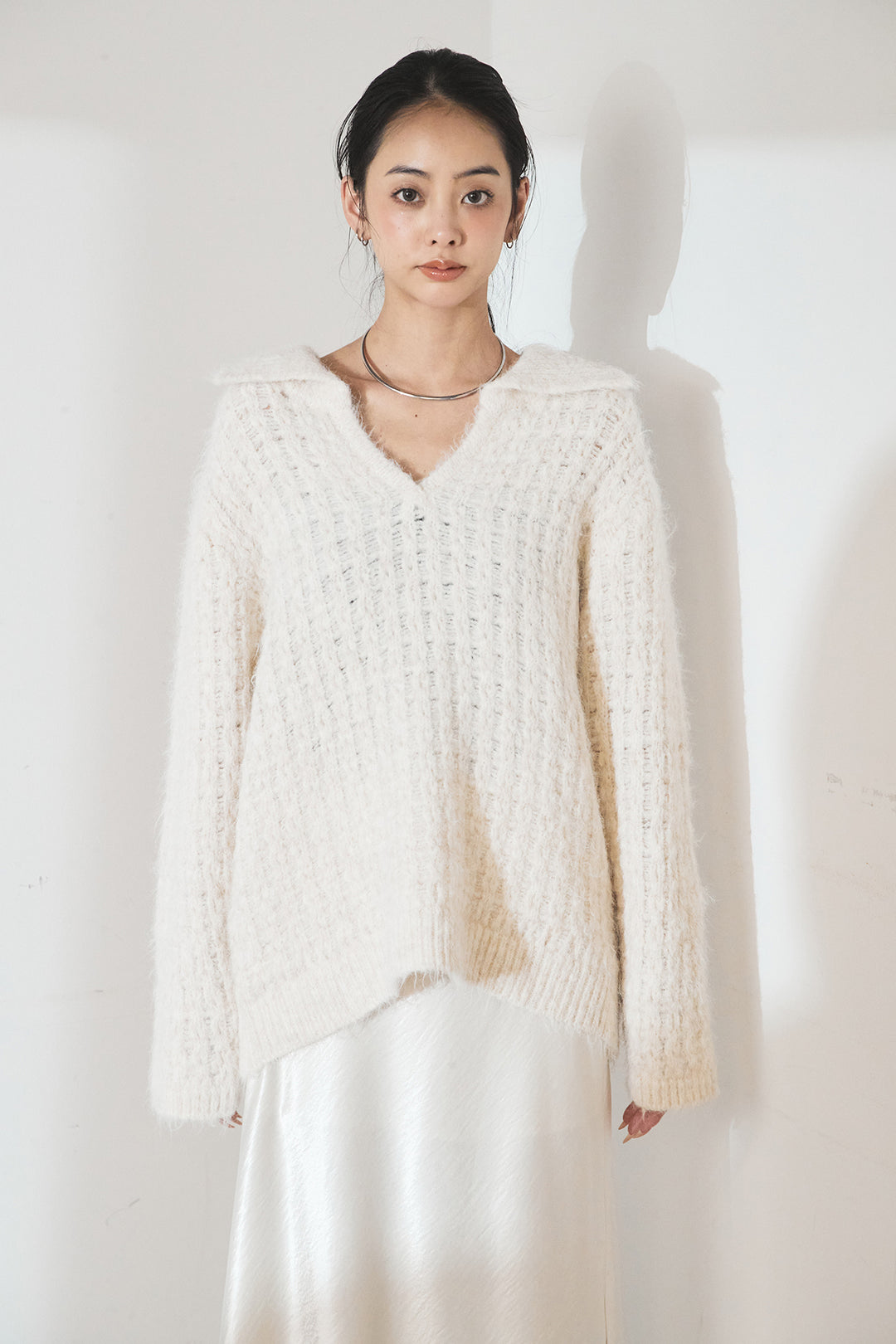 [SET]襟付きVネックニットトップス+リラックスレオパード柄ワイドパンツ(2set)