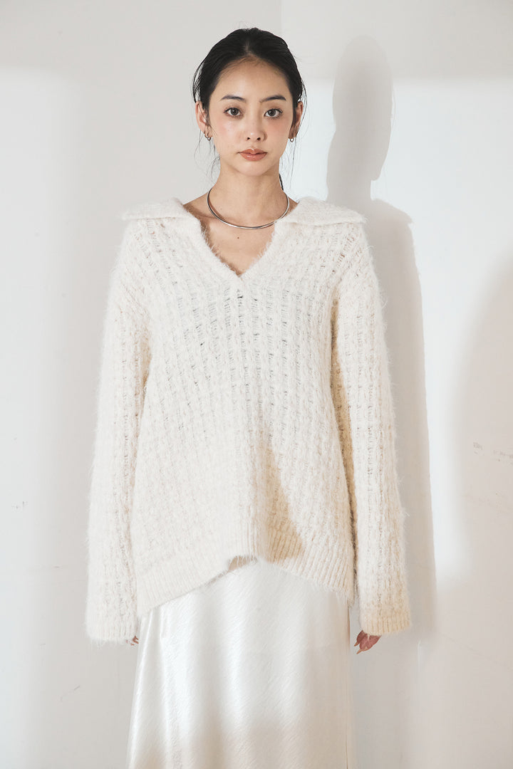 [SET]襟付きVネックニットトップス+リラックスレオパード柄ワイドパンツ(2set)