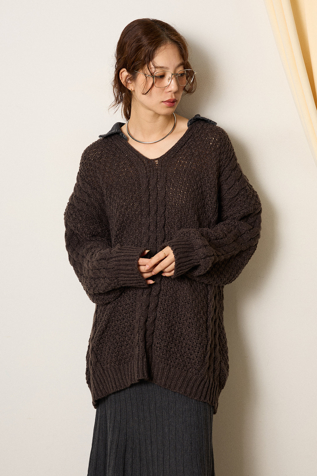 [SET]デニムカラーケーブルオーバーニット+ワイドリブニットイージーパンツ(2set)