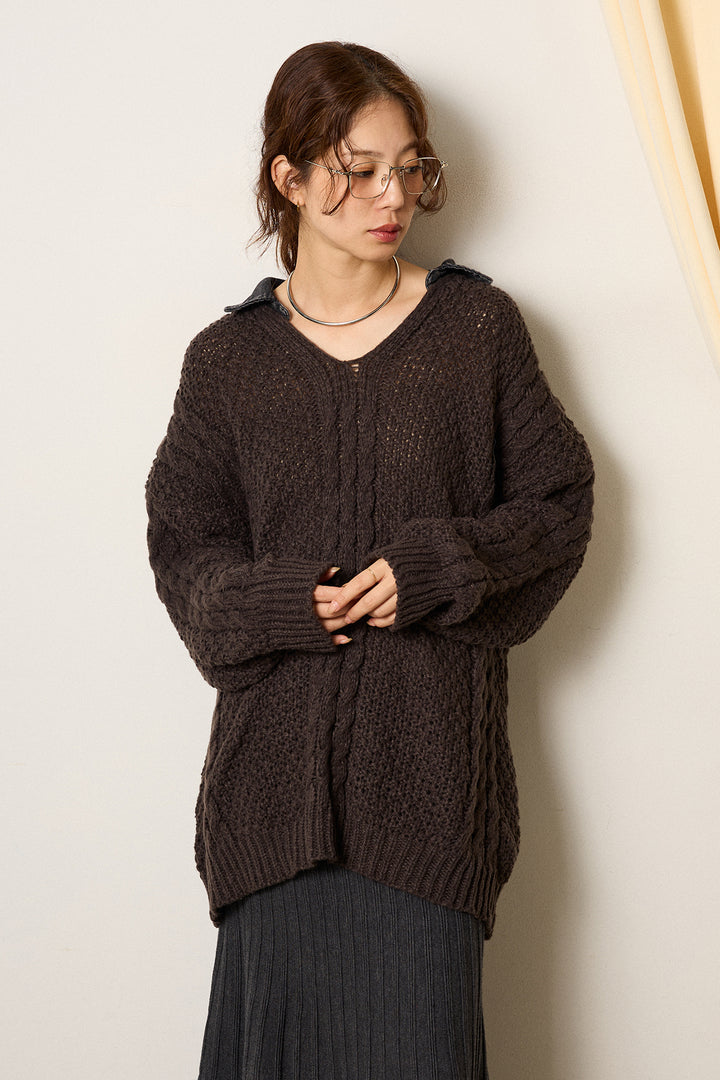 [SET]デニムカラーケーブルオーバーニット+ワイドリブニットイージーパンツ(2set)