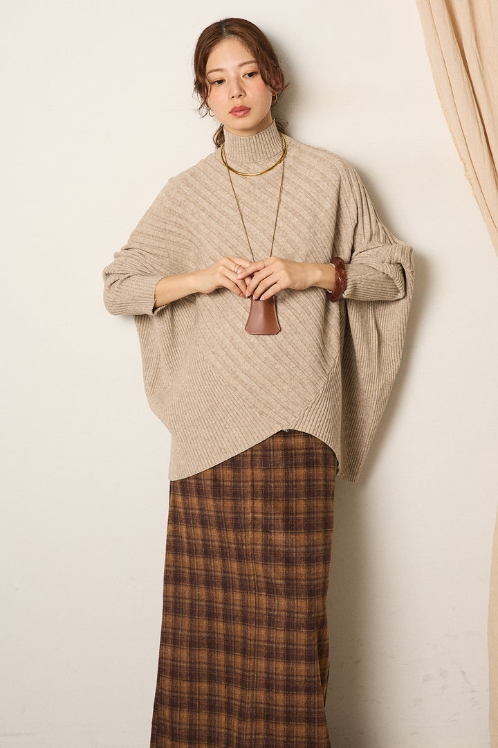 [SET]アシメデザインリブポンチョニットトップス+シャギーチェックストレートスカート(2set)
