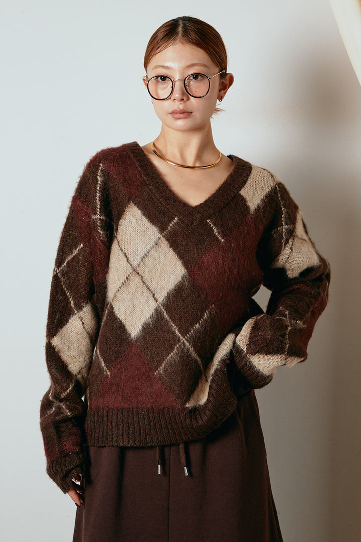 [SET]アクリルモヘアアーガイルVネックプルオーバー+太ベルト付きタックデザインワイドパンツ(2set)