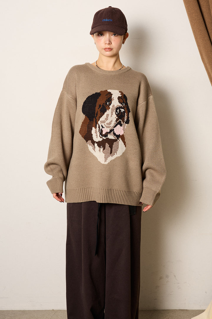 [SET]アニマルジャガード柄ニットトップス+巻ベルトウエストレザーライクワイドパンツ(2set)