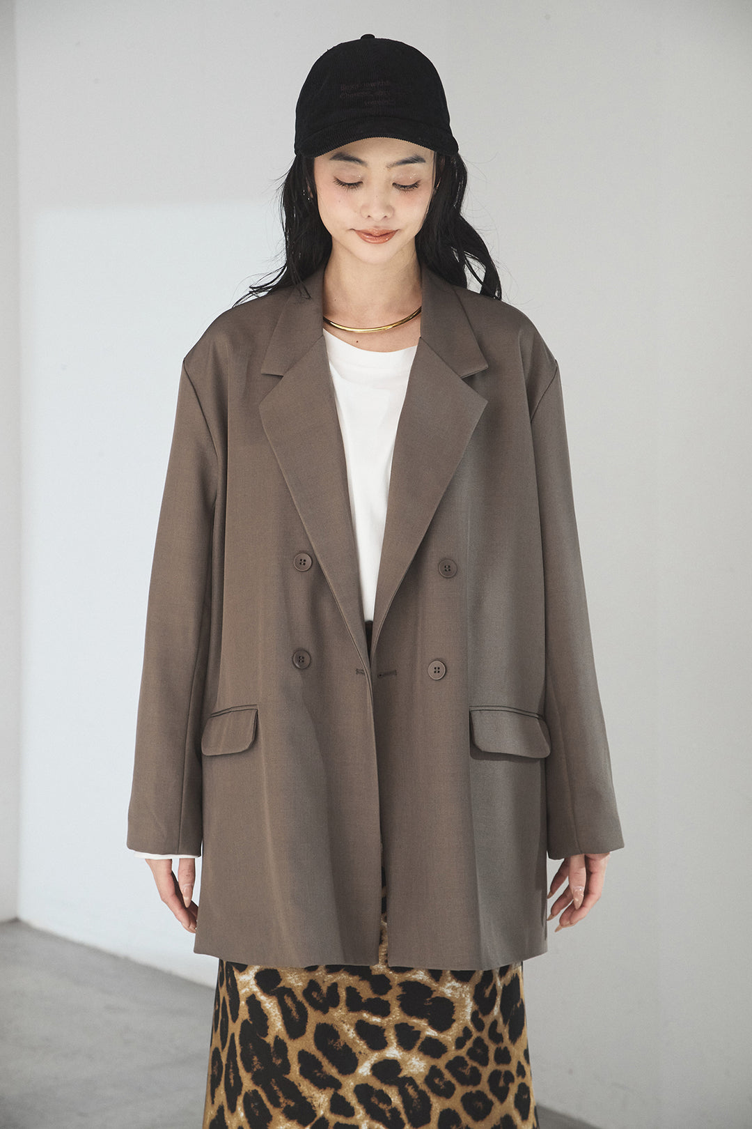 [SET]ルーズシルエットダブルテーラードジャケット+ストレッチロングTシャツ+レオパードサテンナロースカート(3set)