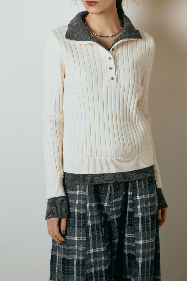 [SET]レイヤード風リブニットトップス+太ベルト付きヘリンボーンプリーツスカート(2set)