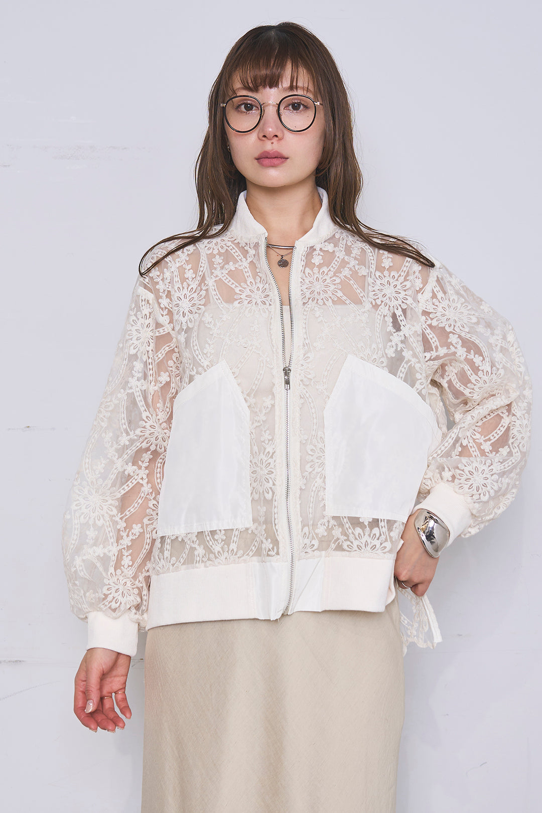 [SET]ノーカラーレースブルゾン+リネンブレンドロングナロースカート(2set)