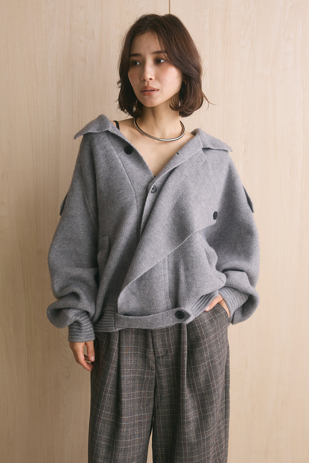[SET]アシンメトリーデザインオーバーニットアウター+杢調ウィンドペンチェックタックパンツ(2set)