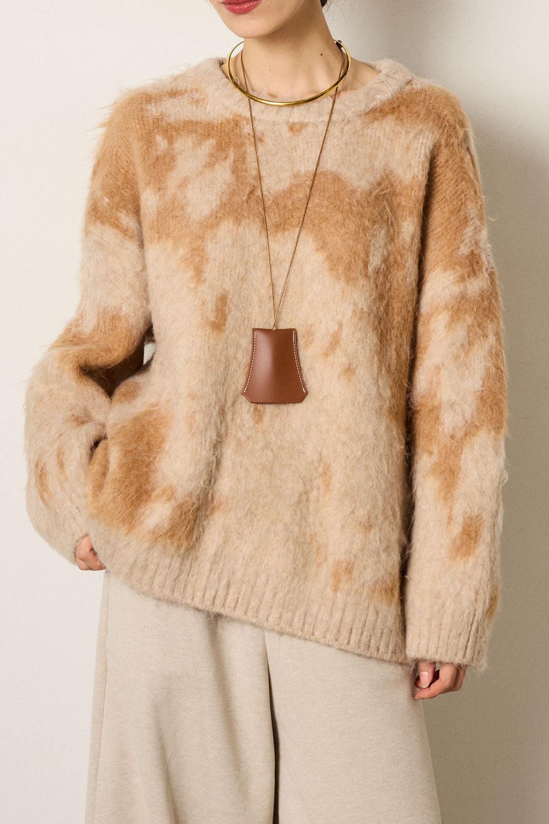 [SET]モヘアタッチマーブルニット+ロープベルト付きスウェード調スカート(2set)