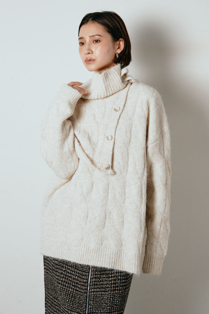 [SET]ケープデザインケーブルニットトップス+グレンチェック柄フロントジップタイトスカート(2set)