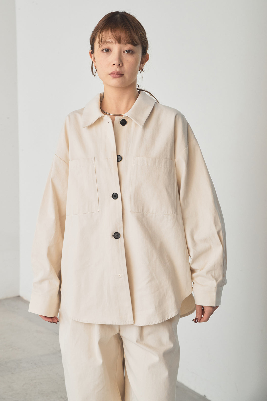 [SET]ツイルシャツジャケット+ツイルハイウエストタックパンツ(2set)
