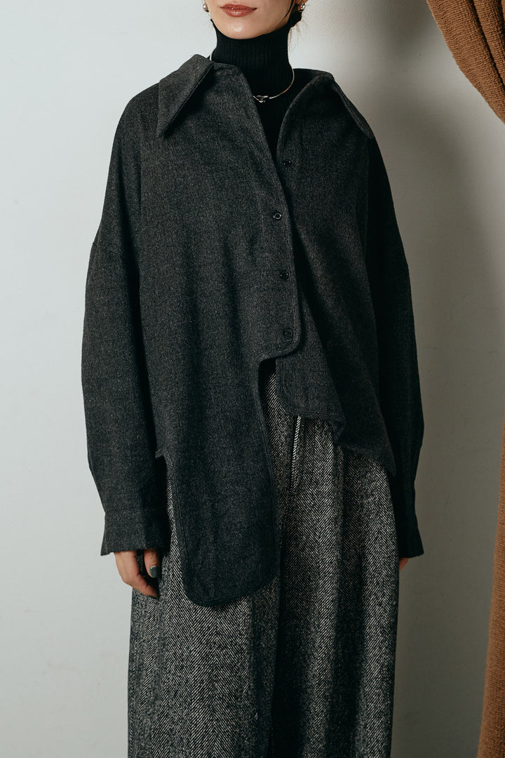 [SET]裾アシンメトリーデザインシャツ+編みベルト付きワイドパンツ+リブニットシームレスタートルプルオーバー(3set)