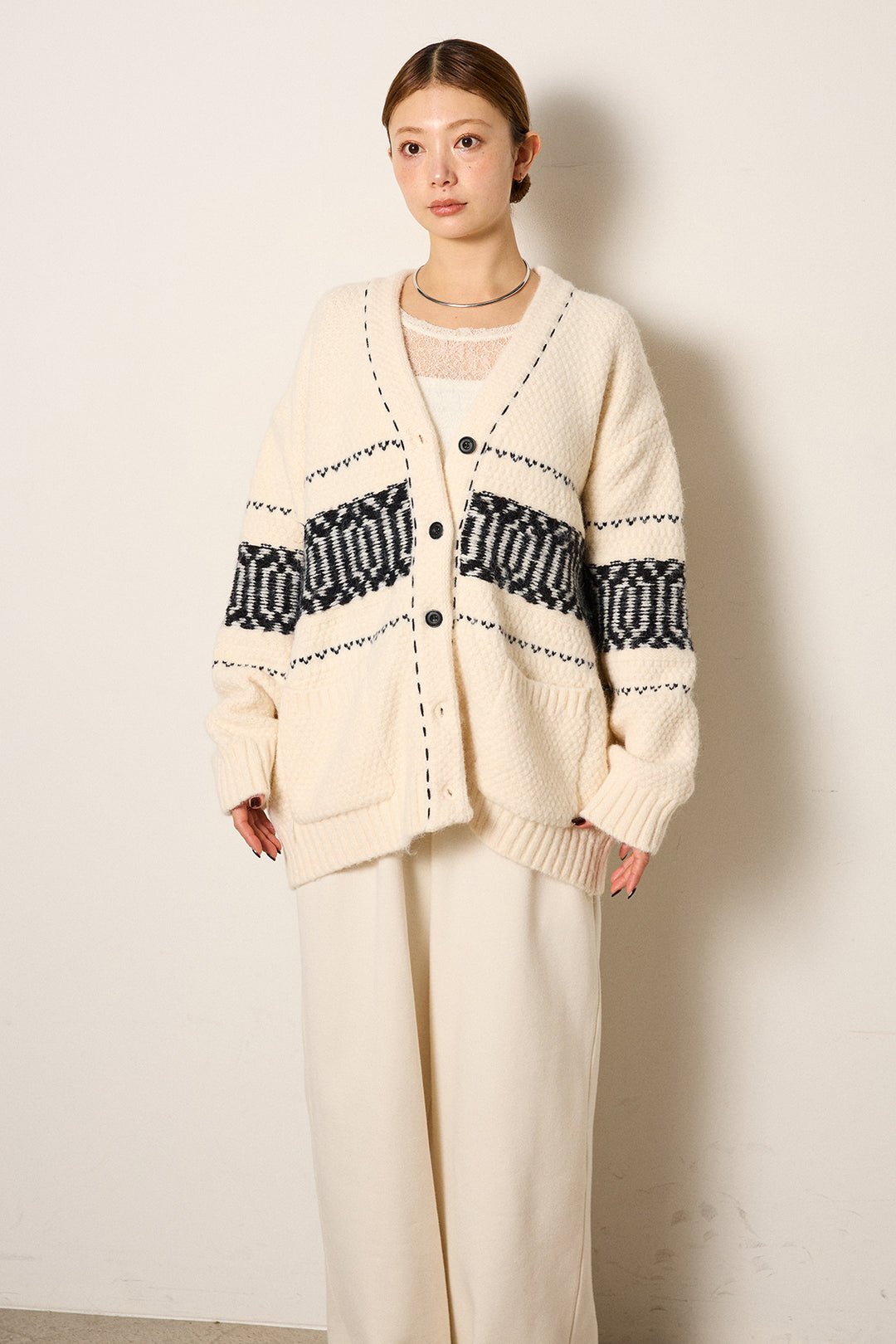 [SET]ライン柄ステッチニットカーディガン+2WAY袖コード刺繍クルーネックプルオーバー(2set)