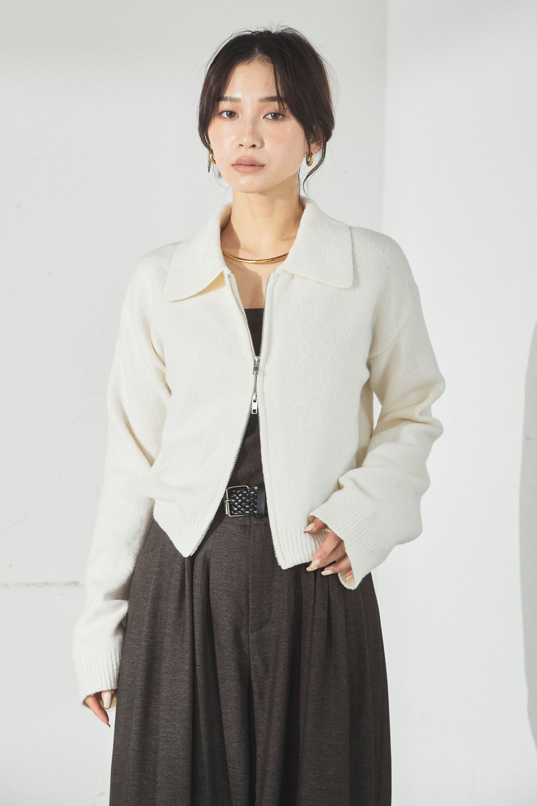 衿付きWジップニットカーディガン/アイボリー
