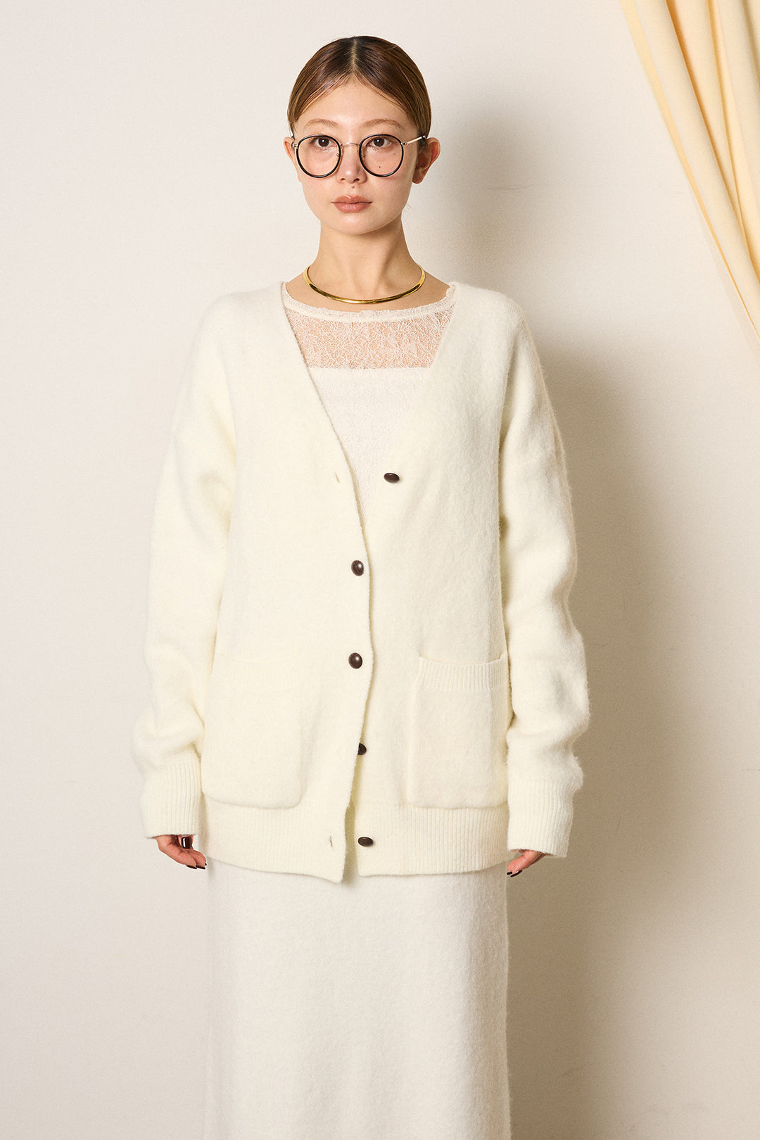 [SET]丸ボタン起毛ニットカーディガン+起毛ニットロングスカート(2set)