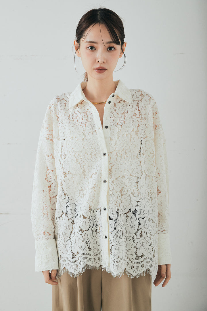 [SET]レース裾スカラップシャツ+ベルトループデザインハイウエストタックパンツ(2set)