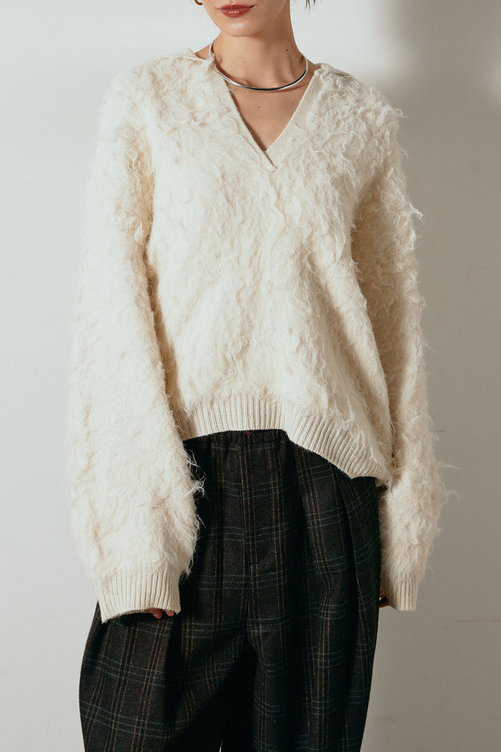 襟付きシャギーニットポロトップス