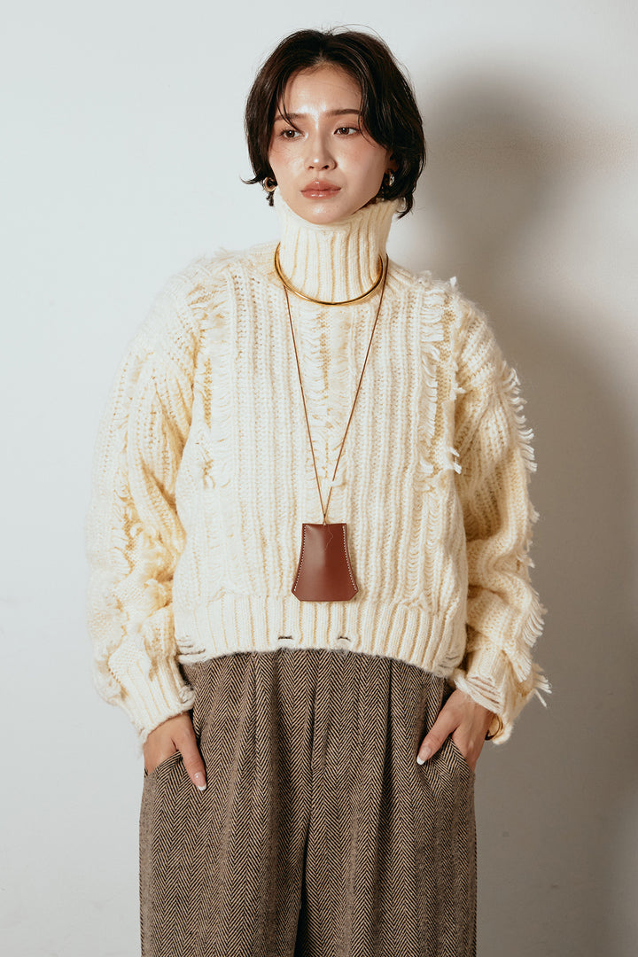 [SET]フリンジタートルショートニット+クラシックヘリンボーンサロペット(2set)