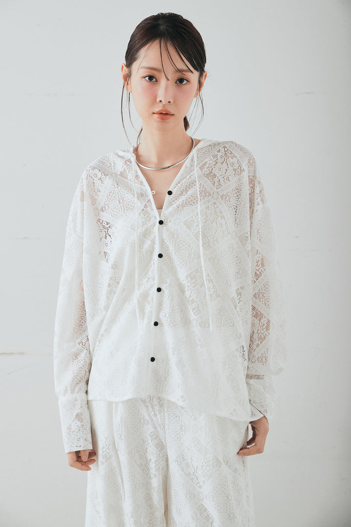 ブロックレースフード付きブラウス